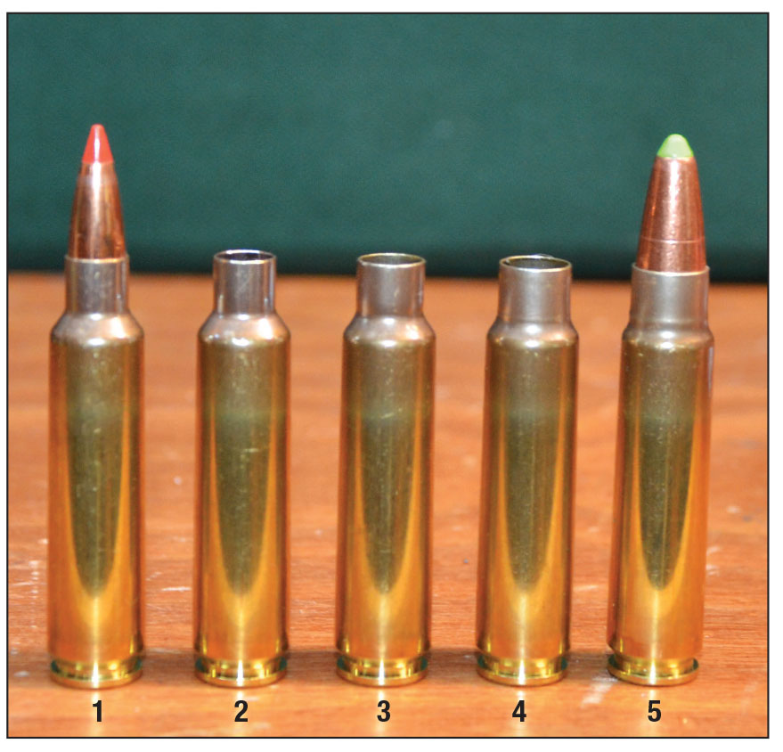 Transforming Lapua 284 Winchester cases into 338-284 cases: (1) 284 Winchester cartridge, (2) case neck expanded to .30 caliber, (3) case neck expanded to .33 caliber, (4) case neck expanded to .35 caliber and (5) case neck expanded for .366-inch bullets and Lapua 220-grain Naturalis bullet seated with a RCBS 9.3-284 seating die.